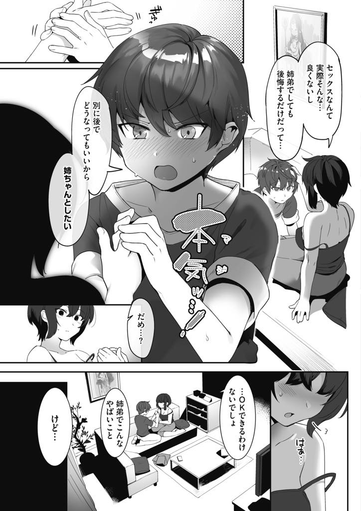 【エロ漫画】弟の胸元への視線が鬱陶しくなり注意する巨乳のお姉ちゃん...セックスする流れに持っていこうとする弟に本気でお願いされ仕方なく近親中出しセックス【似せ:なんか最近弟が！？】