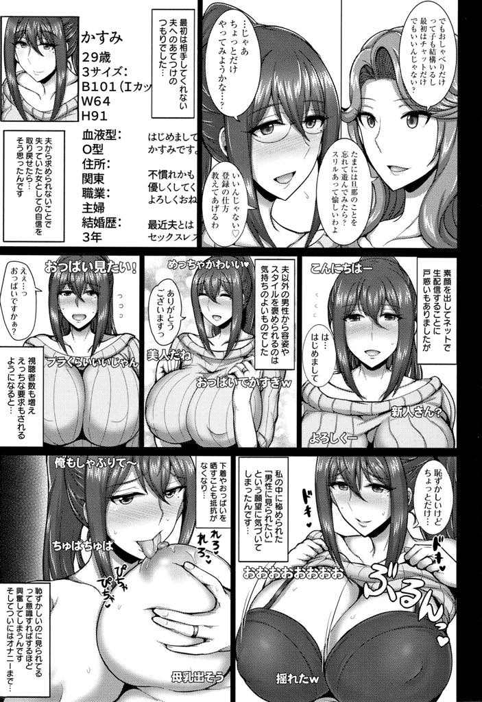 【エロ漫画】旦那とのエッチの回数が減りアダルトチャットのオナニー配信で性欲を発散する爆乳人妻...同じマンションのおじさんに身バレしセックス配信するとあっさりとチンポに堕ち浮気中出しセックス【ジャン・ルイ:LIVE WIFE】