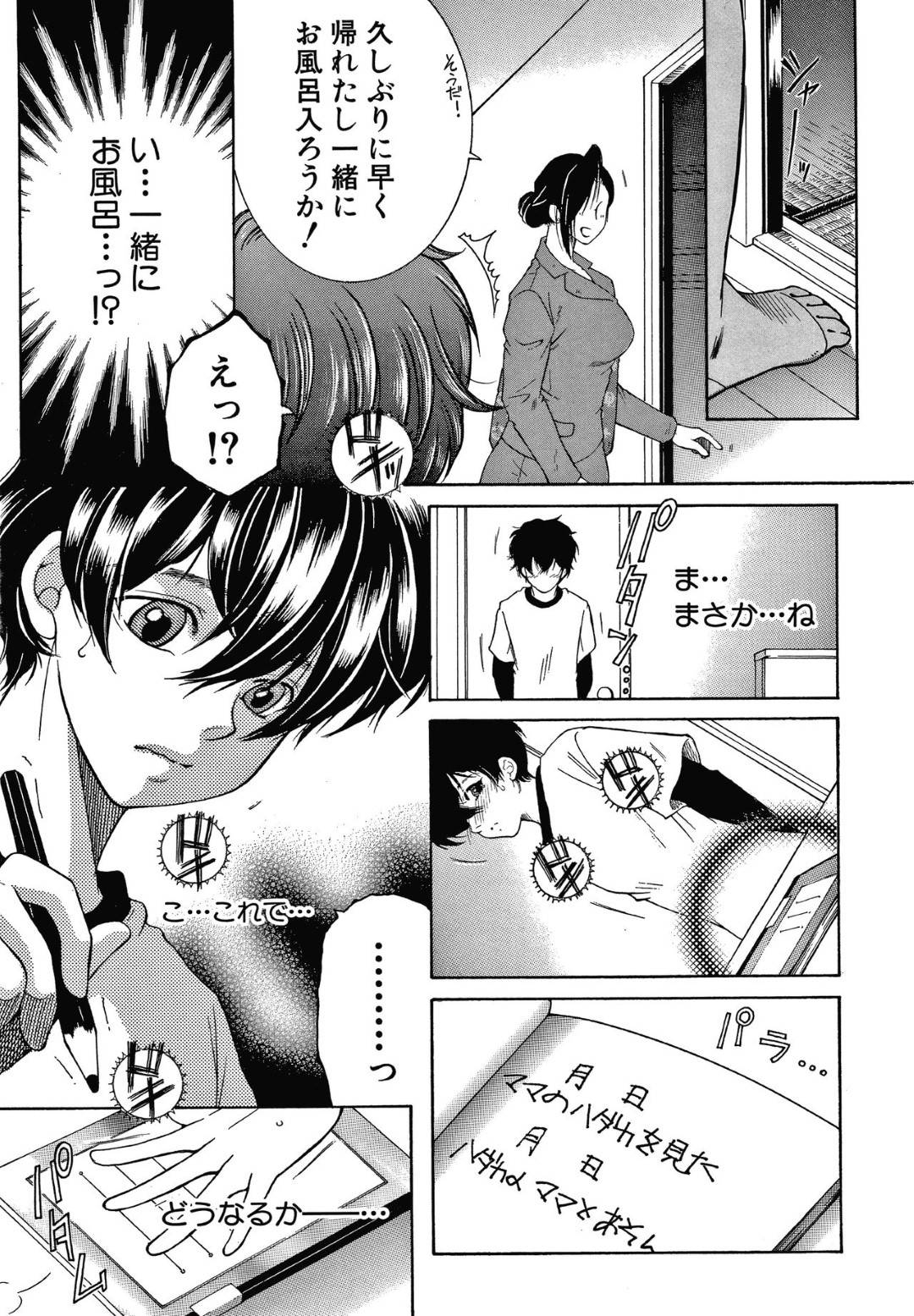 【エロ漫画】母親に発情した息子とセックスする巨乳シングルマザー…息子と一緒にお風呂に入り勃起したチンポを手コキで抜いてフェラして口内連続射精！ベッドに誘い騎乗位で生ハメ中出し近親相姦セックスで筆下ろしする！【安原司:ドリームノート #1】