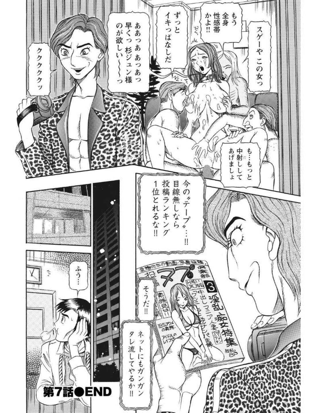 【エロ漫画】媚薬投入されてビッチになった美女…キモいオジサンたちに集団セックスされちゃってキスしたり乳首責めされてど変態トロ顔なまま中出しセックスしまくっちゃう！【サガノヘルマー：発情被験体かなこ 進化プログラム—ヒト科補完姦察— 人妻交配記録7話】