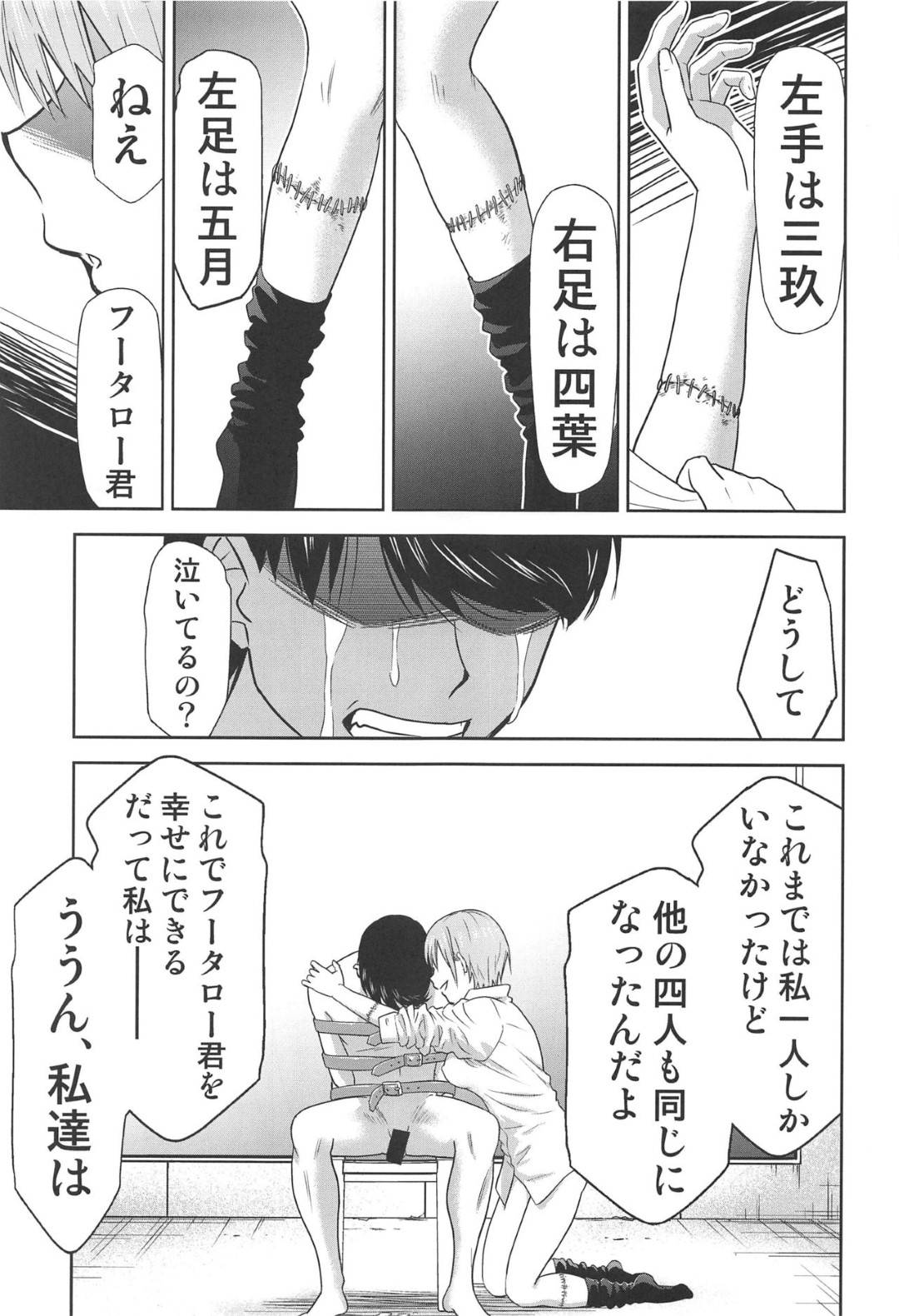 【エロ漫画】お金が払えないので売春しちゃう美少女の姉妹たち…フェラしたりアナルセックスで集団レイプされちゃって敗北アクメしちゃう！【きみまる：五等分の性奴隷∬ 】