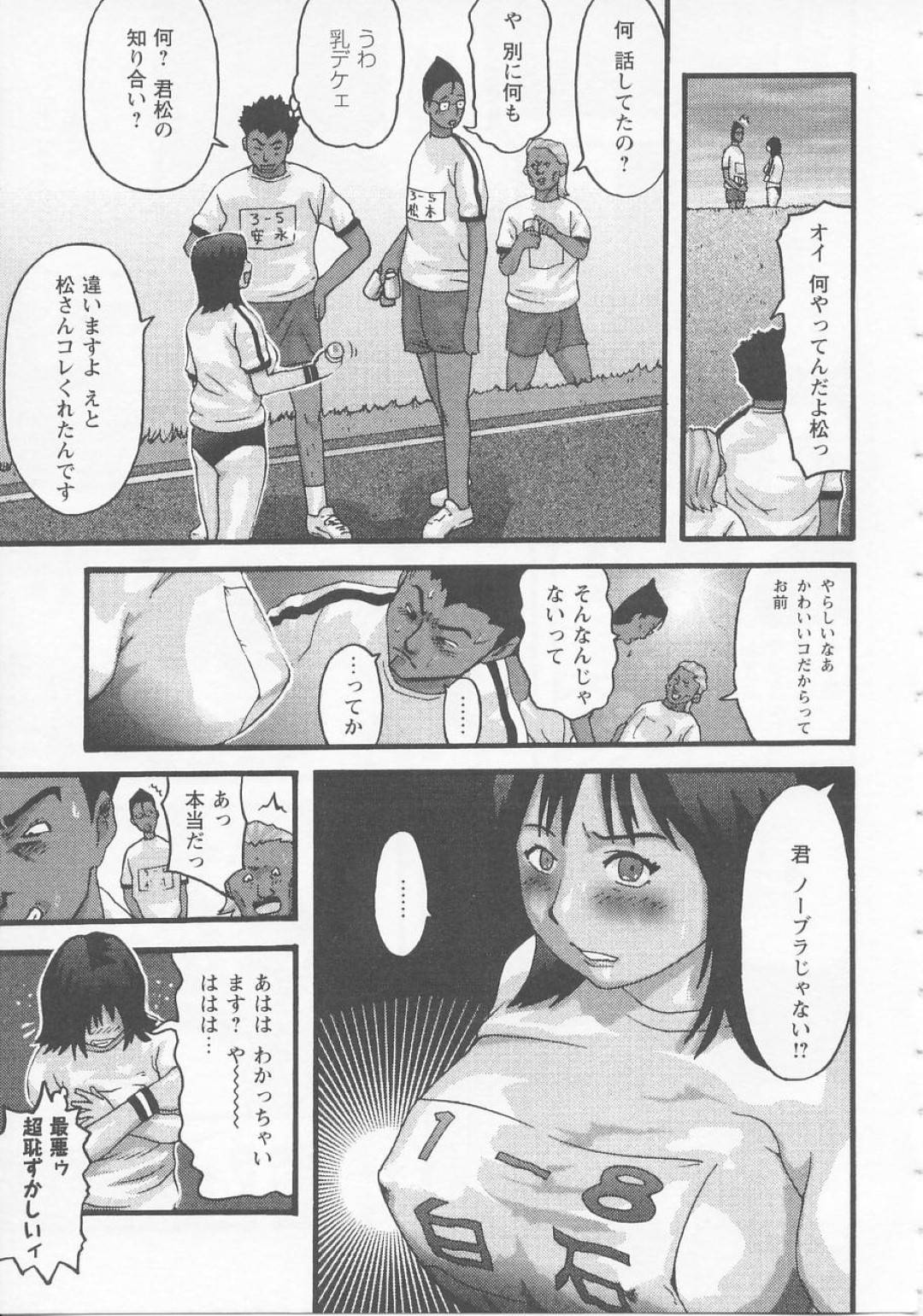 【エロ漫画】嫉妬した男に襲われちゃうスポーツ服のかわいい美少女…集団レイプで乳首責めされたりトロ顔の中出しセックスしちゃう！【カマキリ：走り続ける事】