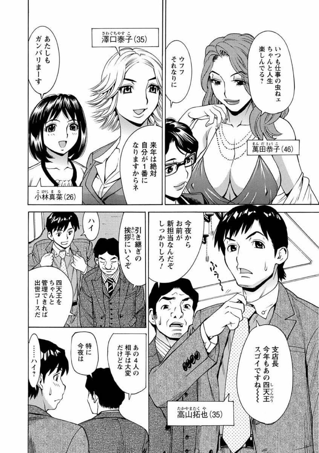 【エロ漫画】男を誘惑しちゃうエッチなセールスレディたち…イチャイチャと逆レイプに集団セックスしちゃう！【牧部かたる：安心性活設計 番外編：充電完了！】